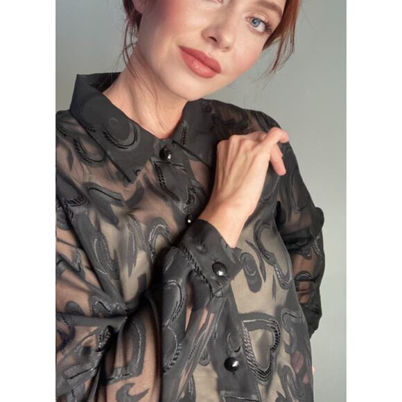 Vintage Heart Print Expose Sheer Blouse 90s Y2K Black Squiggle ~ Sz M - Picture 3 of 11